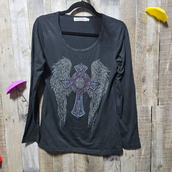 WB Atlas Vintage Y2K Black Cross Angel Wing Embellished Tee - Picture 2 of 6